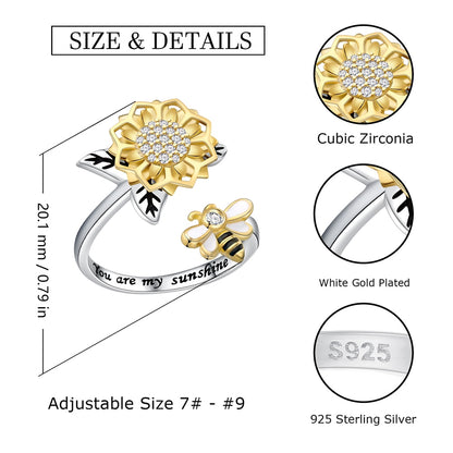 Anello girasole in argento sterling con un'ape in bronzo, ape  impollinatrice in argento sterling e anello girasole, girasole in argento e  anello ape in bronzo -  Italia