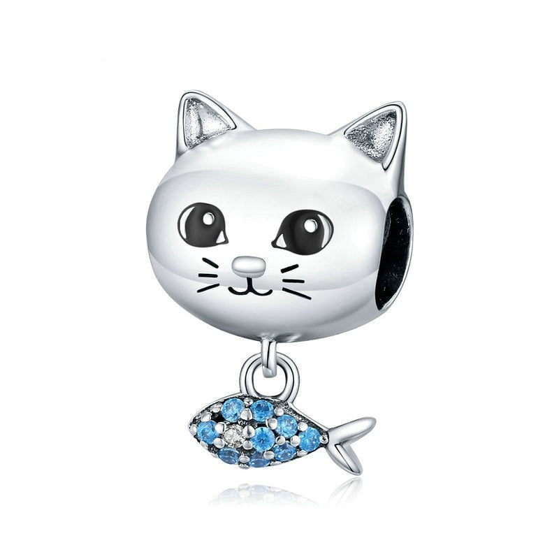 Charm Gatto con Pesce in Argento 925 e Zirconi